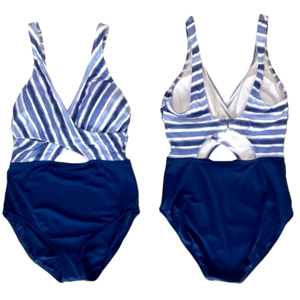Beach Betty by Miracle Brands Blue White Striped Crossover Keyhole Swimsuit Sz L
